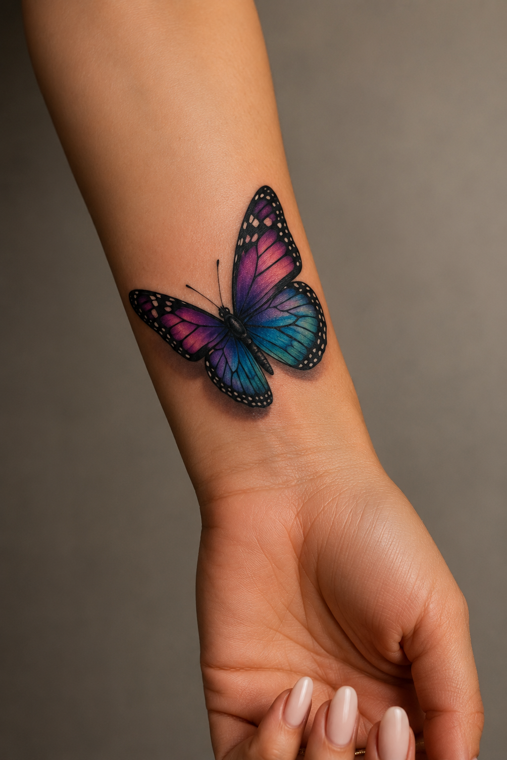 Neo-traditional colorful butterfly wrist tattoo